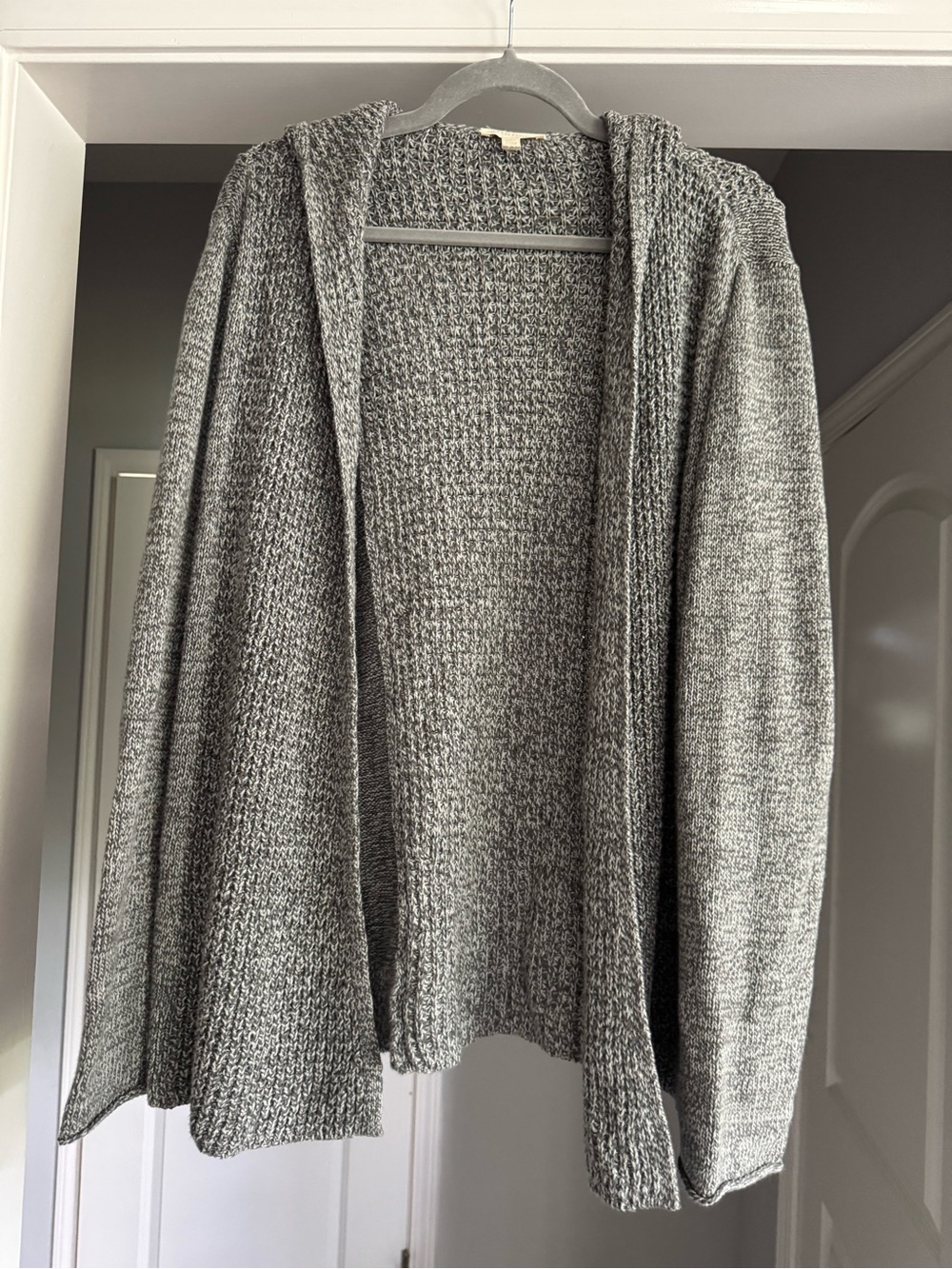 Eileen Fisher Gray 100% Organic Cotton Hooded Open-Front Knit Cardigan Large